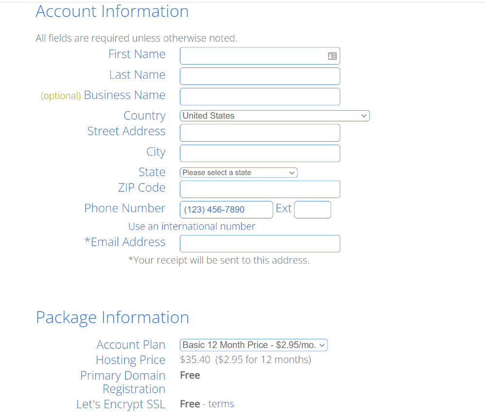 bluehost account information and package information