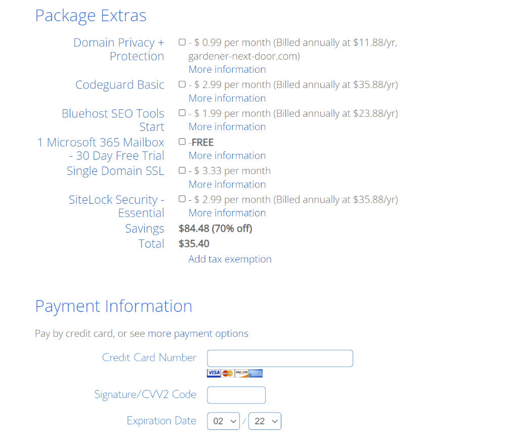 bluehost package extras and payment information