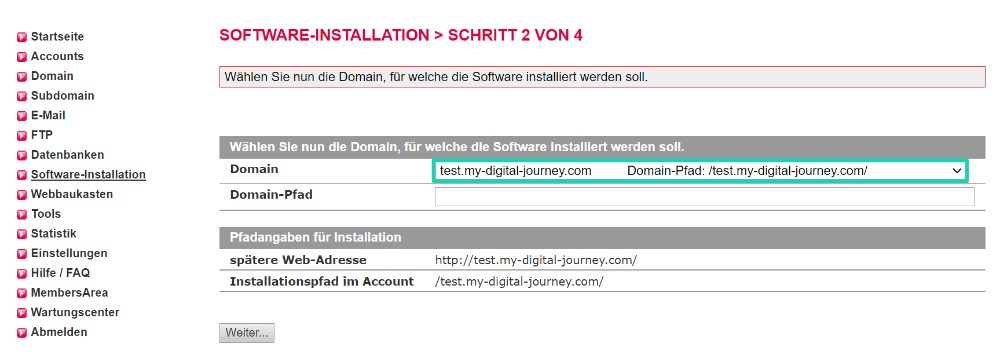 domain fuer wordpress installation auswaehlen