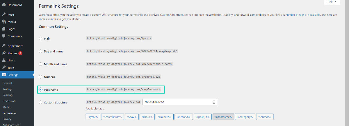 change permalink structure to postname