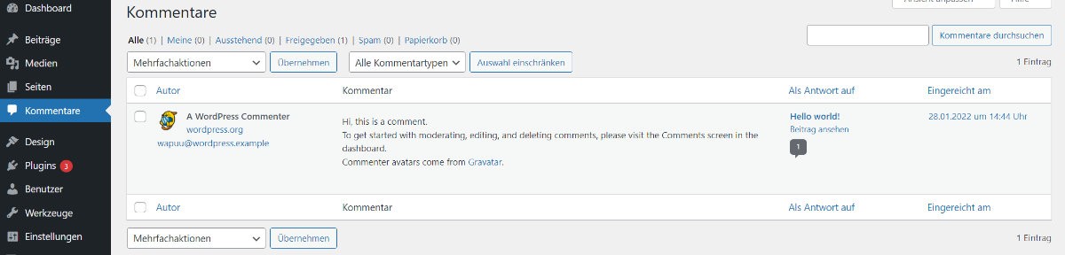 bespielkommentar loeschen nach wordpress installation