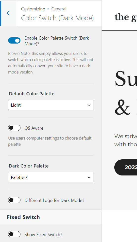 dark mode settings in customizer