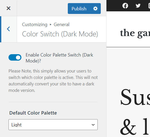 enable dark mode in customizer