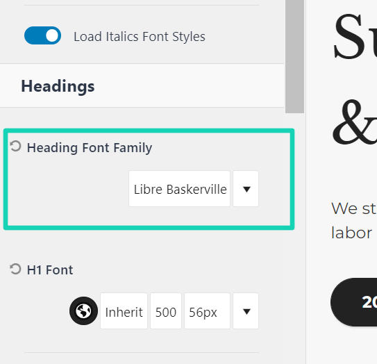 set font family for all heading types kadence theme
