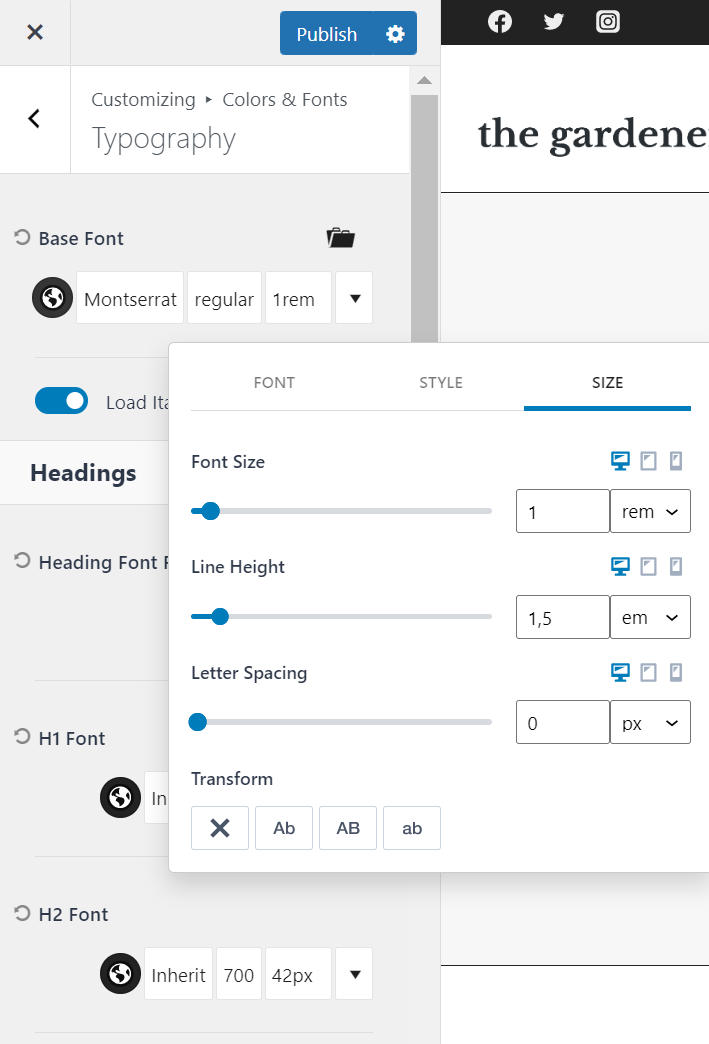 set font size line height letter spacing globally kadence theme