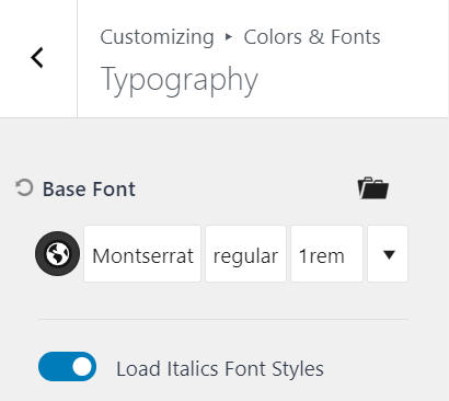 settings base font kadence theme