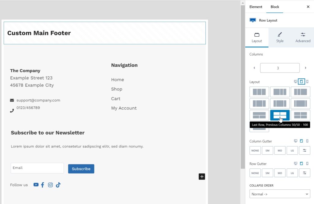 custom footer with kadence elements set tablet layout